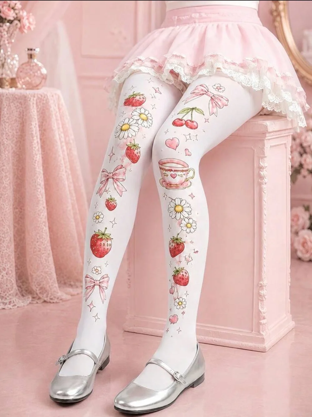 Sweet Strawberry & Cherry Print Woman’s Tights - White